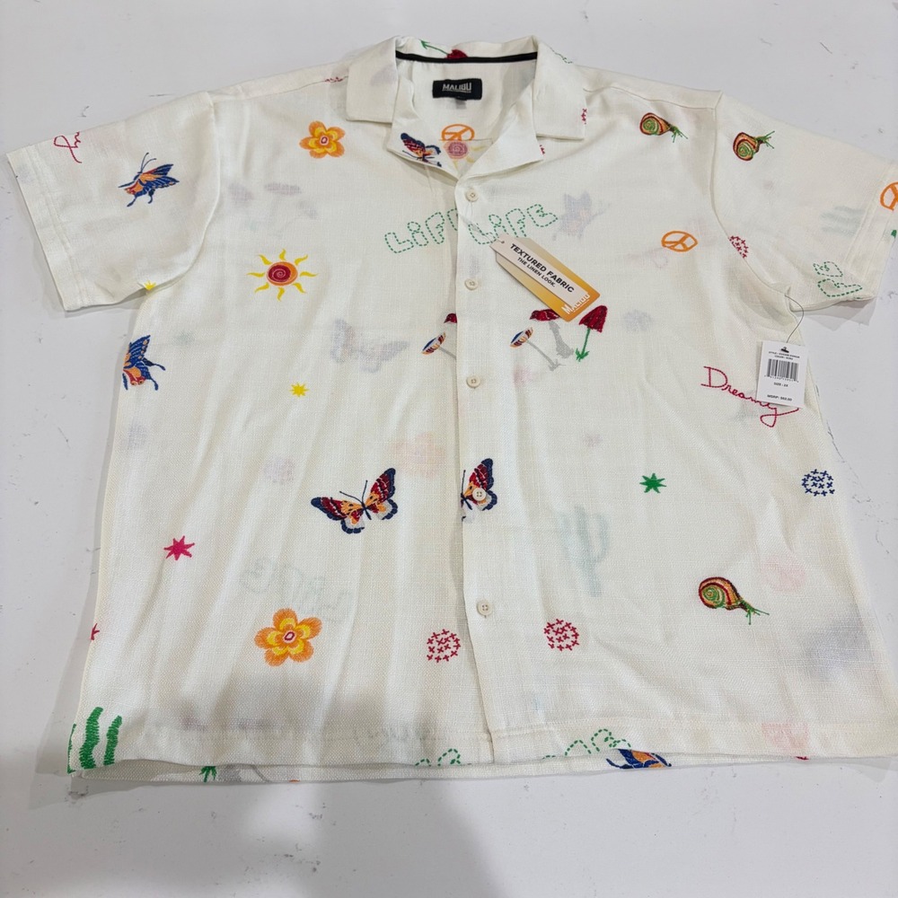 Malibu by Drill Clothing Co Men 2X Ecru Linen Look Embroidered Camp Shirt NWT